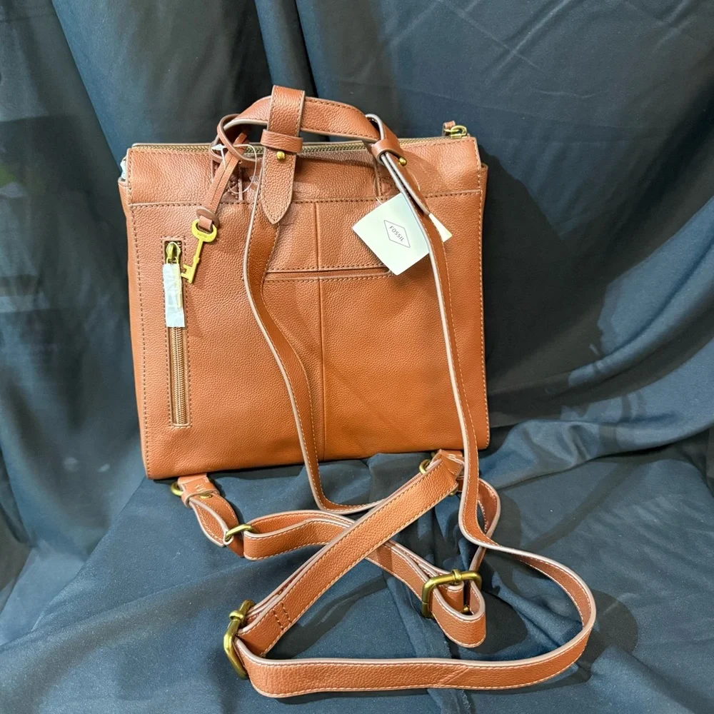 Fossil Leather Convertible Backpack Crossbody - Cognac Brown